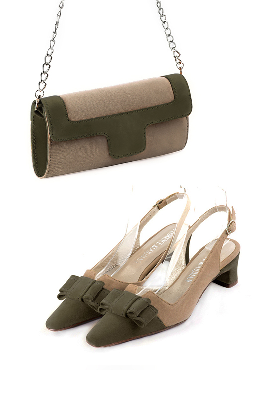 Women's tan beige and khaki green luxurious elegant clutch for ceremonies, weddings and evenings out. - Worn view